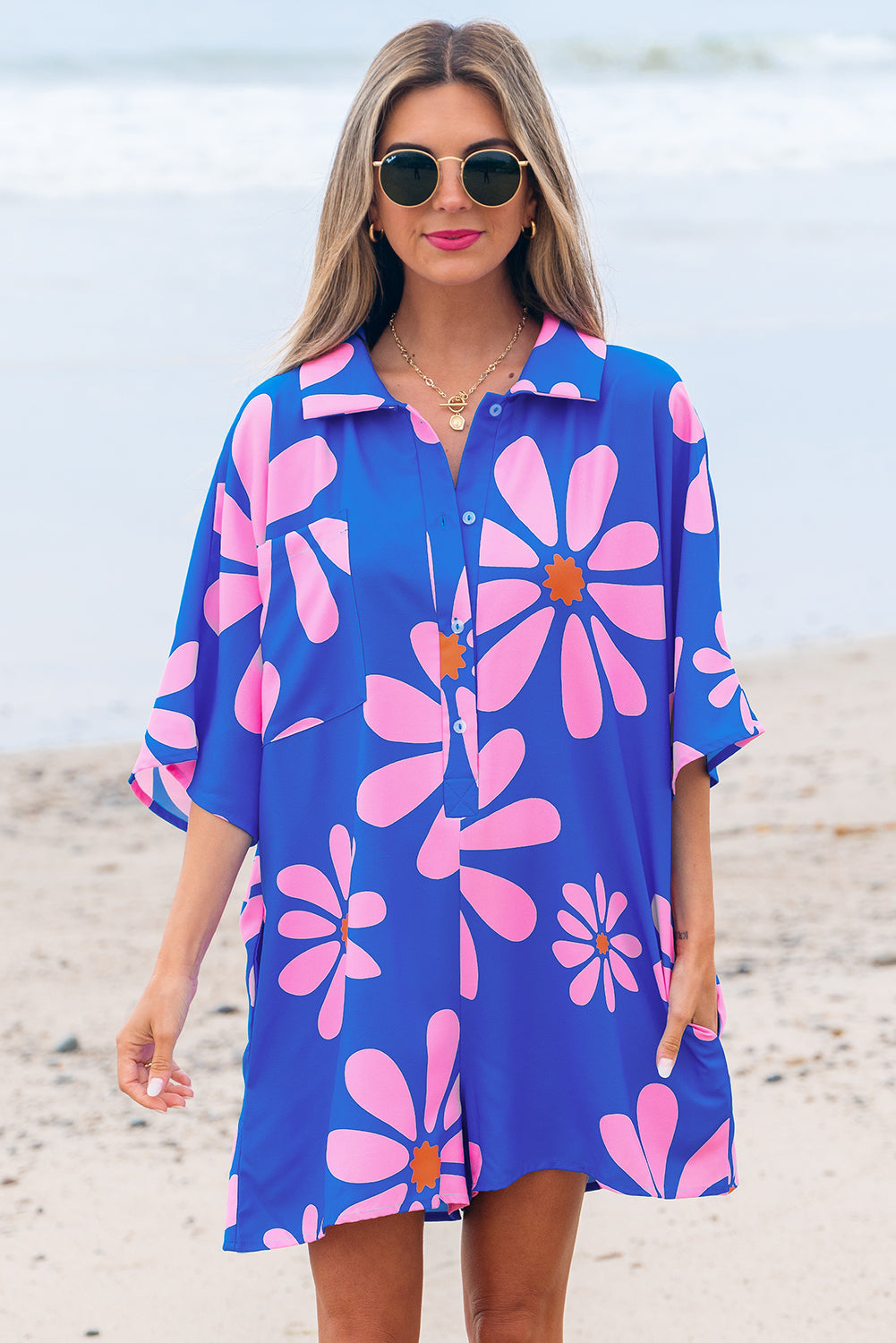 Blue Flower Print Shirt Collar Button Front Loose Romper