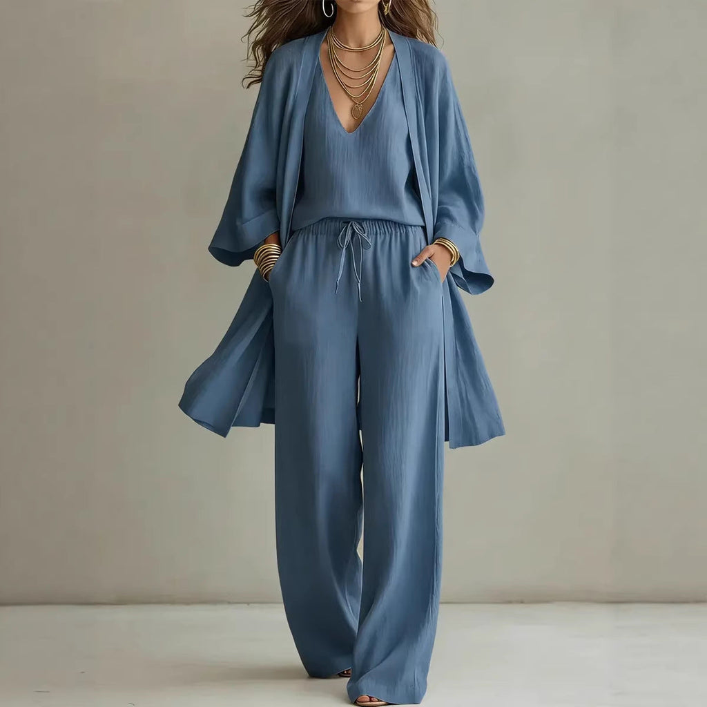 Women's 3-Piece V-Neck Cardigan, Vest and Wide Leg Pant Set - Image 3