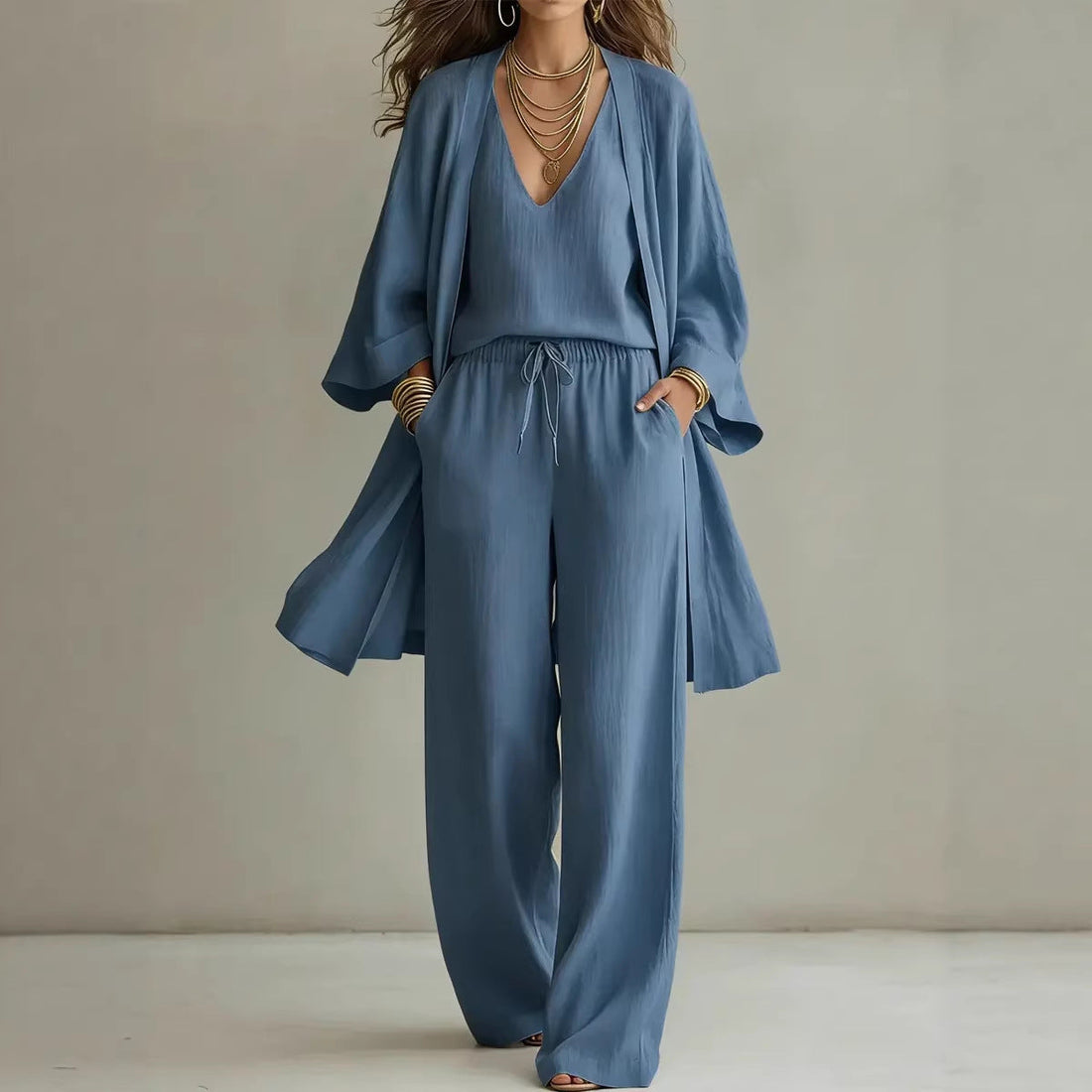 Women's 3-Piece V-Neck Cardigan, Vest and Wide Leg Pant Set - Image 3