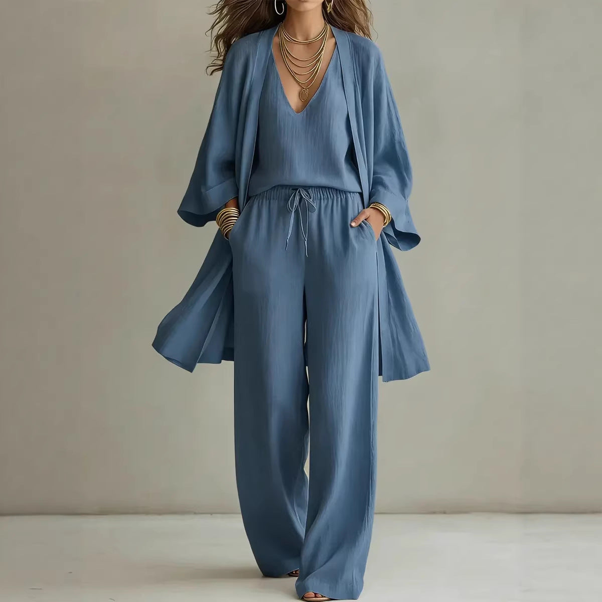 Women's 3-Piece V-Neck Cardigan, Vest and Wide Leg Pant Set - Image 3