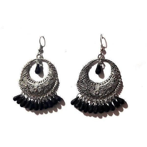 Muskan fancy silver-plated earrings adorned with traditional black beads.