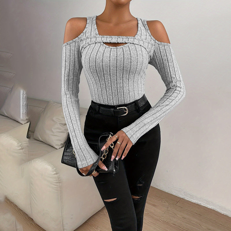 Women's Ribbed Long Sleeve Cold Shoulder Cut-Out Fitted Top - Image 10
