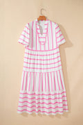 Pink and white striped tiered maxi dress with puff sleeves and a V-neckline.