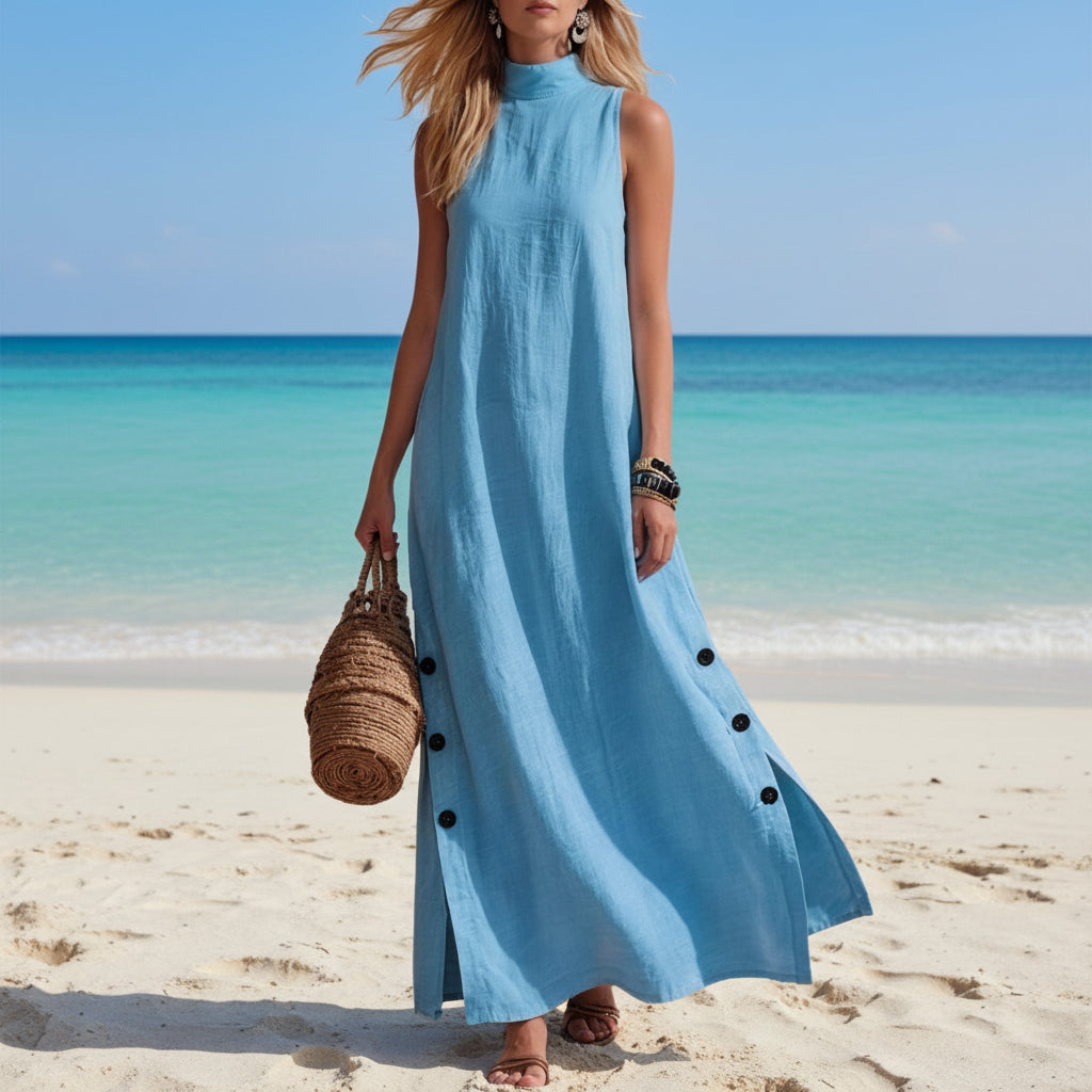 Model wearing a loose fit sleeveless cotton linen midi dress with side slits