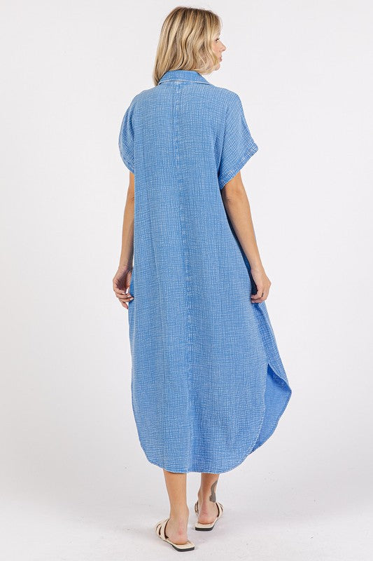 Mineral Wash Blue Button-Up Midi Shirt Dress for Women