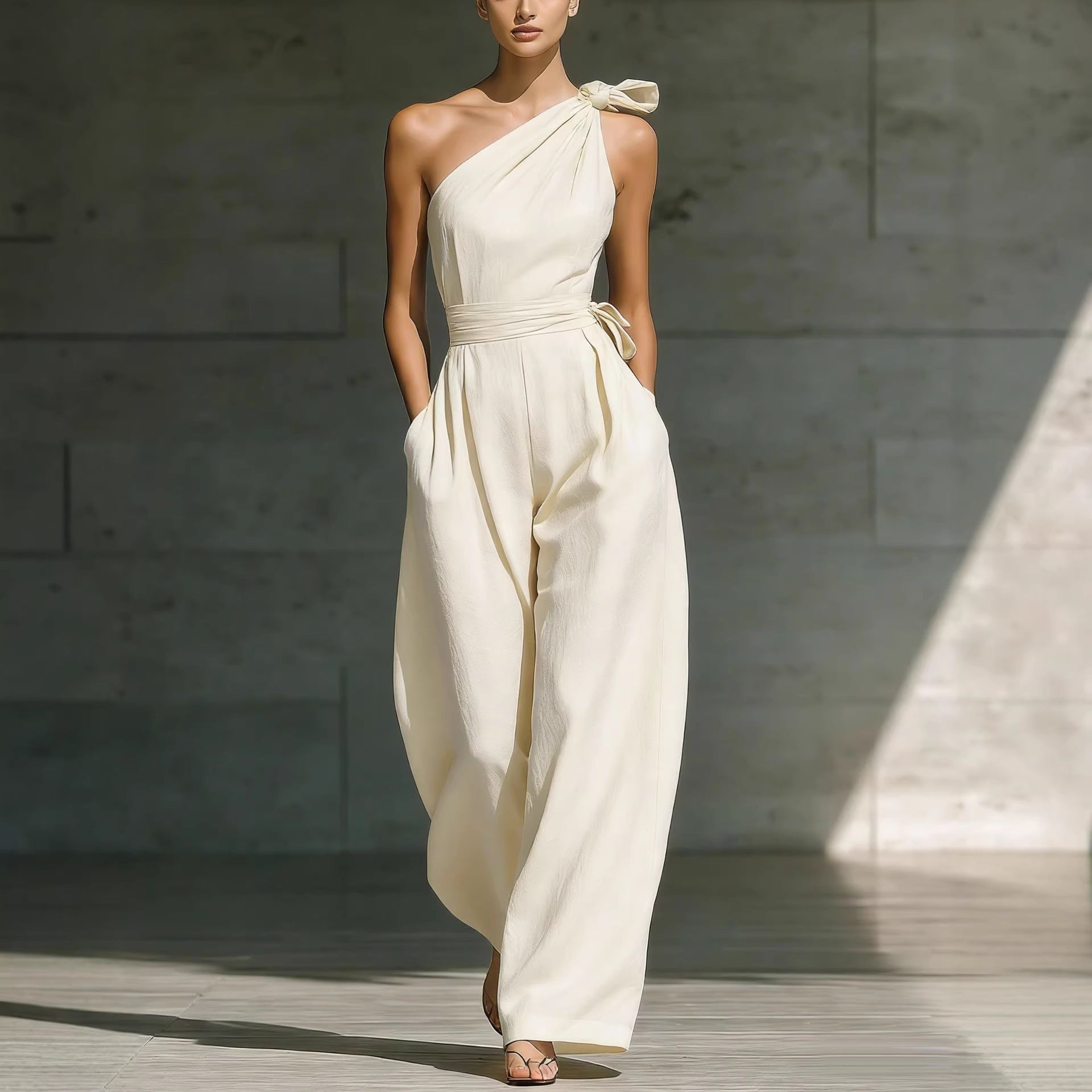 Women's One-Shoulder Belted Wide-Leg Jumpsuit - Image 4