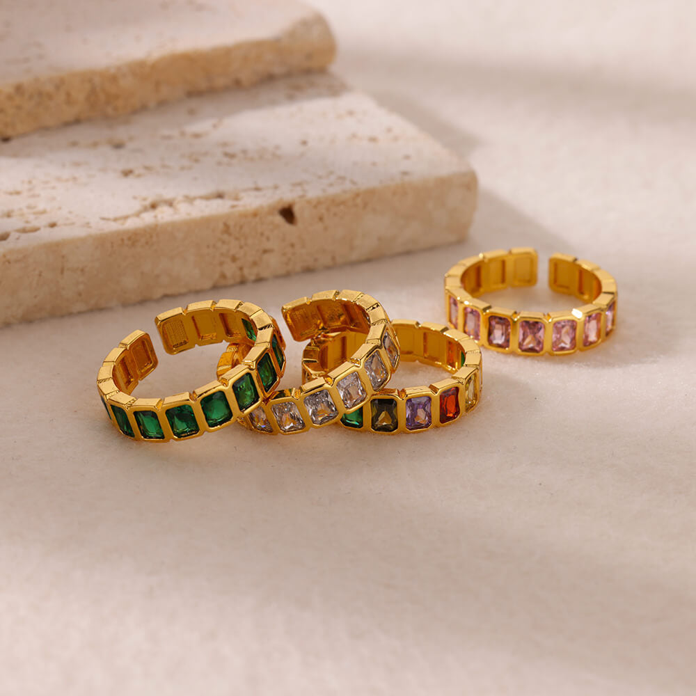 Womens Colorful Square Zircon Inlaid Open-End Ring