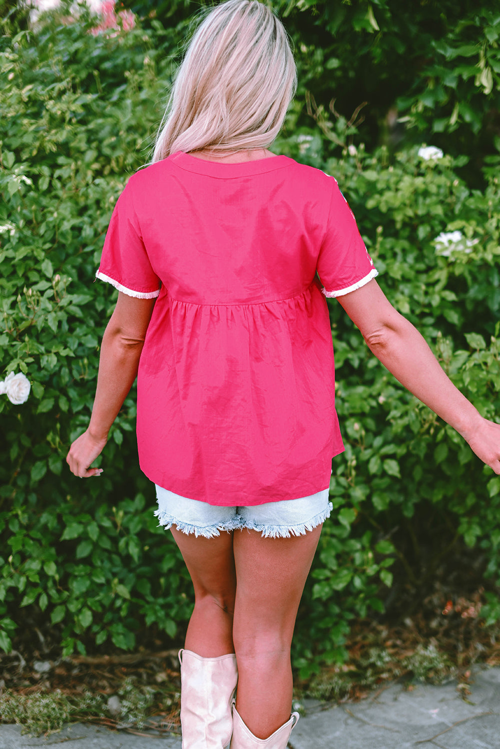 Zayla Embroidered V-Neck Blouse with Tassel Tie Detail