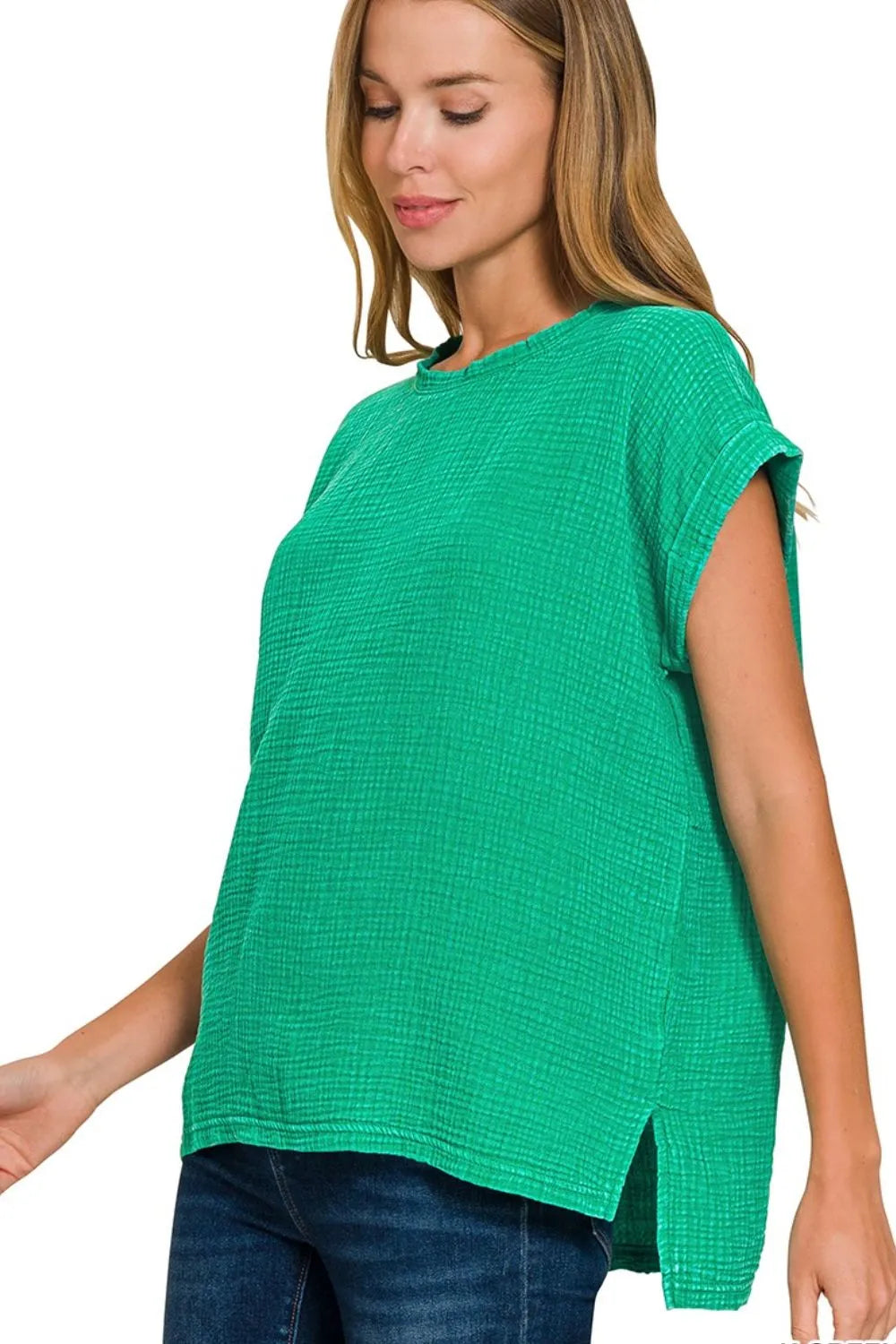 Zenana Woven Double Gauze Acid Washed Green Short Sleeve Top