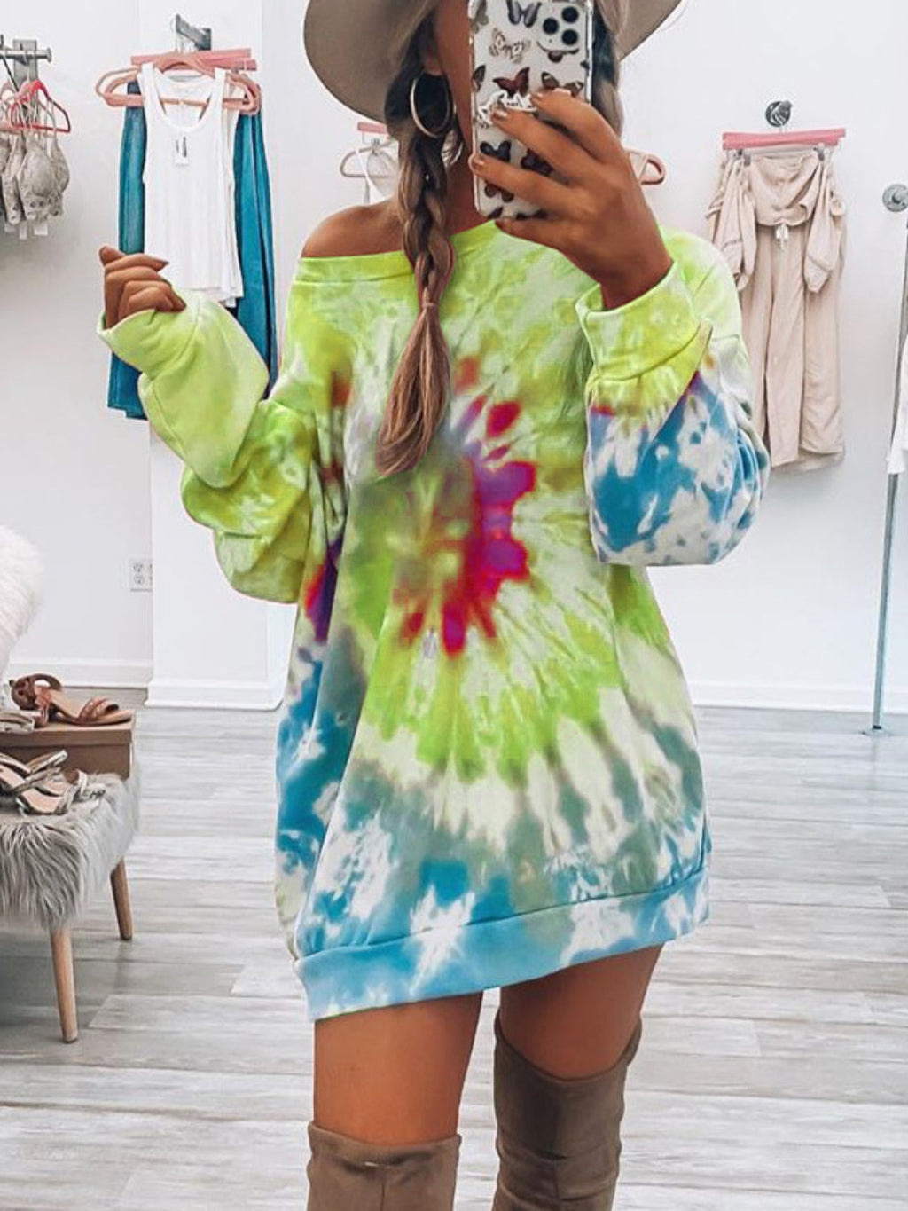 Tie-Dye Round Neck Long Sleeve Casual Mini Dress