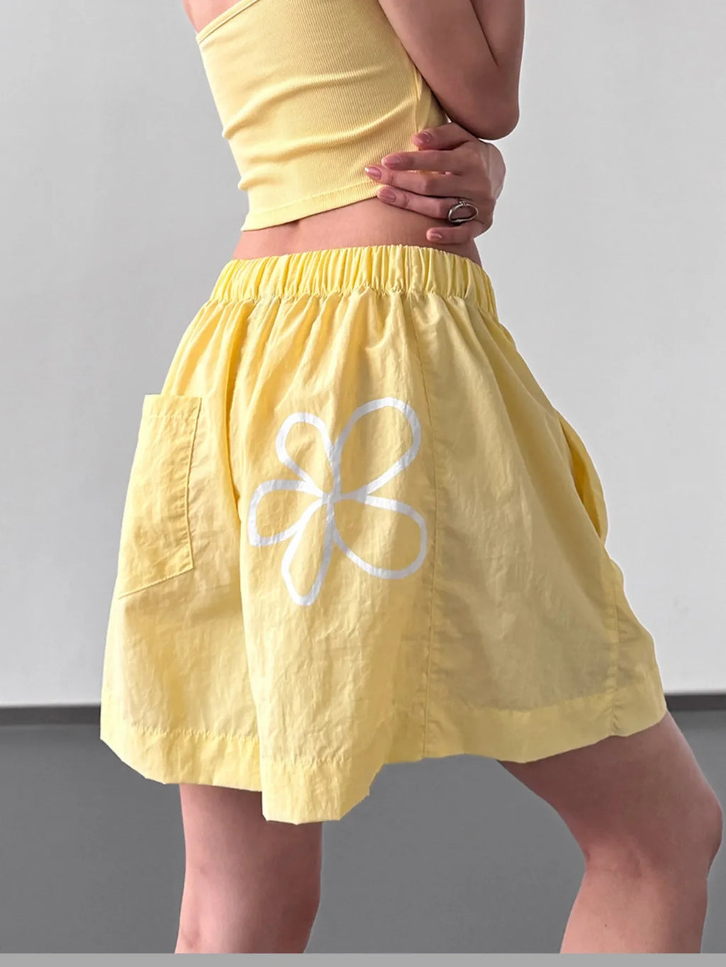 Women's Yellow Elastic Waist Casual Shorts with Floral Detail - Image 2