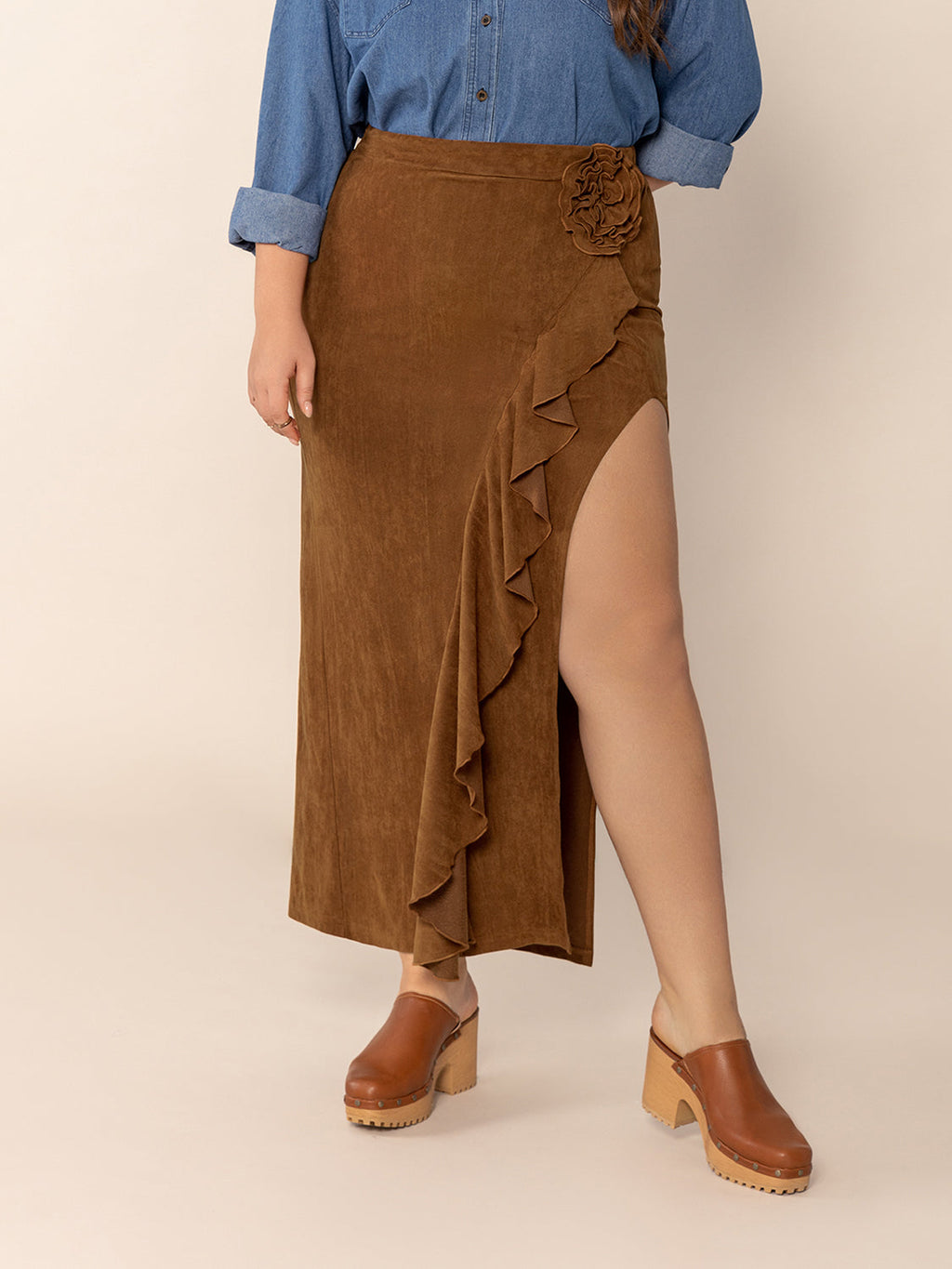 Ruffled Slit High Rise A-Line Skirt in Brown | Floor Length