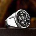 Bold men's lion head ring crafted from polished titanium steel