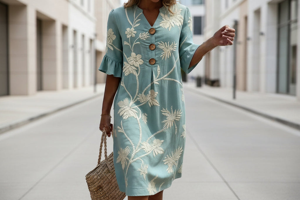 Women's Light Blue Palm Tree Print V-Neck Midi Dress with Ruffles - Image 2