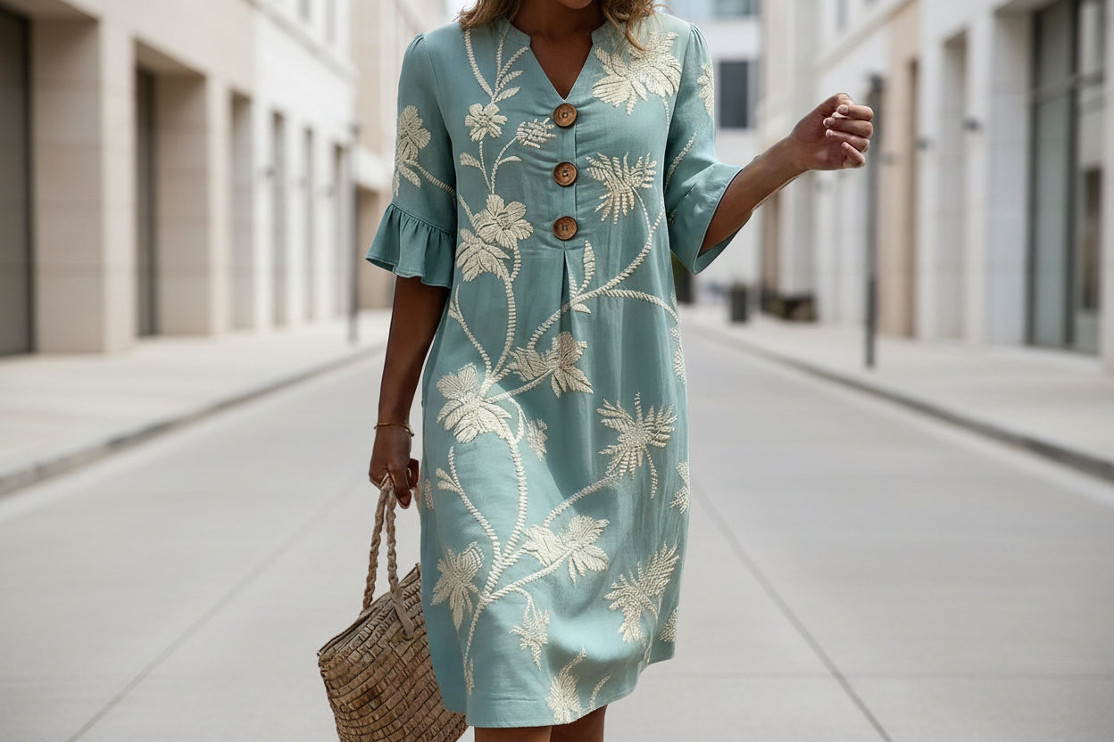 Women's Light Blue Palm Tree Print V-Neck Midi Dress with Ruffles - Image 2
