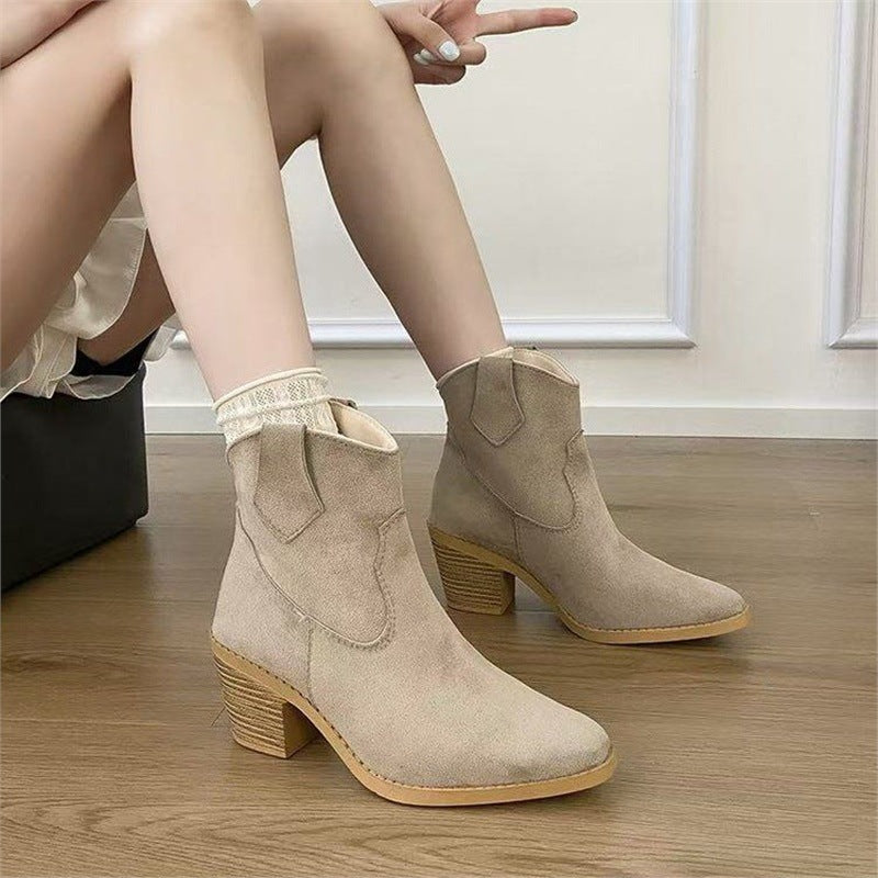 Women wearing retro style ankle boots with comfortable stretch sock cuffs in beige and black colorways