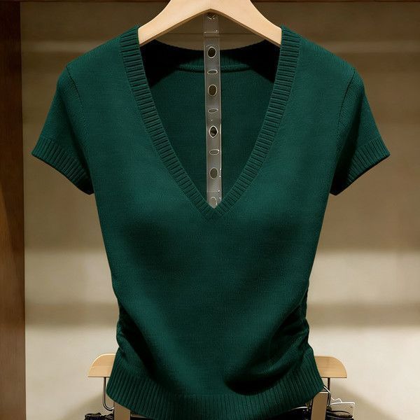 Solid Color Ice Silk Knit Top Short Sleeve Commuter Shirt