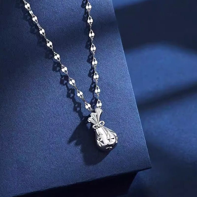 999 Sterling Silver Hollow Cutout Lucky Money Bag Pendant Necklace