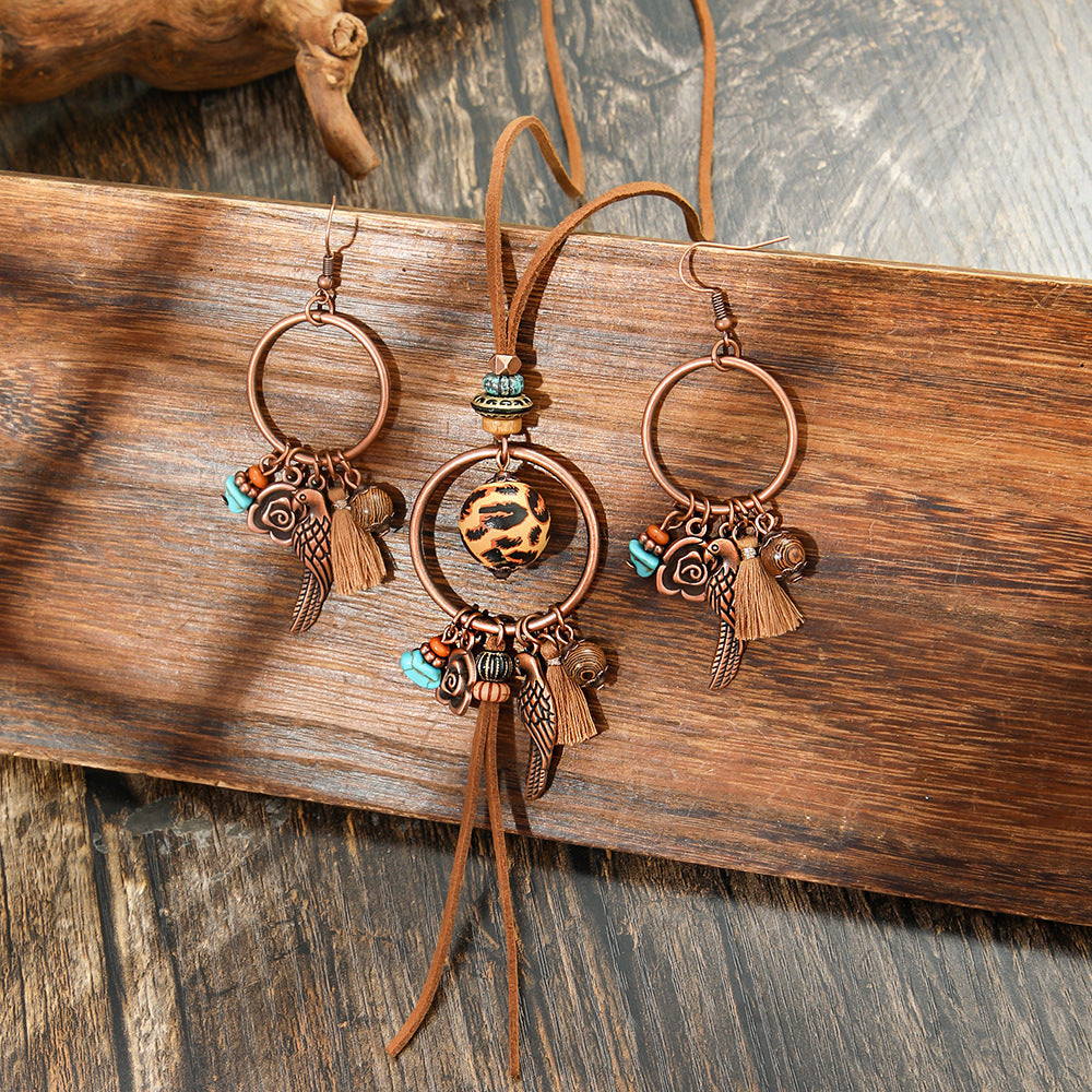 Bohemian Retro Leopard Print Personalized Jewelry Sweater Chain Design Bird Earrings Ring Bracelet Wholesale Yiwu