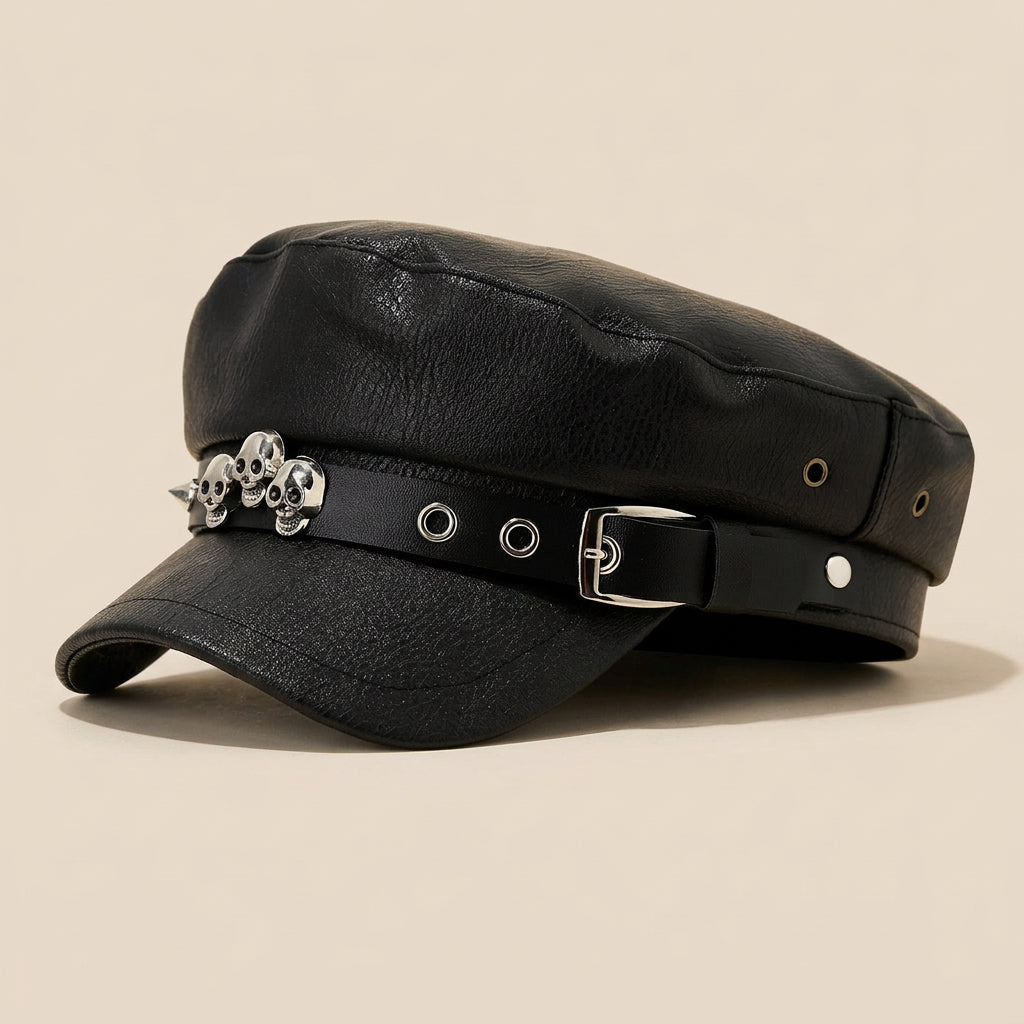 PU Leather Skull Rivet Flat-Top Newsboy Cap – Hip-Hop Streetwear Hat