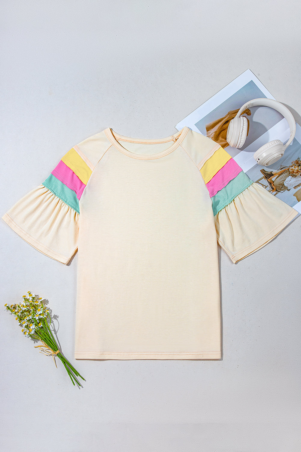 Women White Colorblock Striped T-Shirt with Flounce Sleeves - Image 4