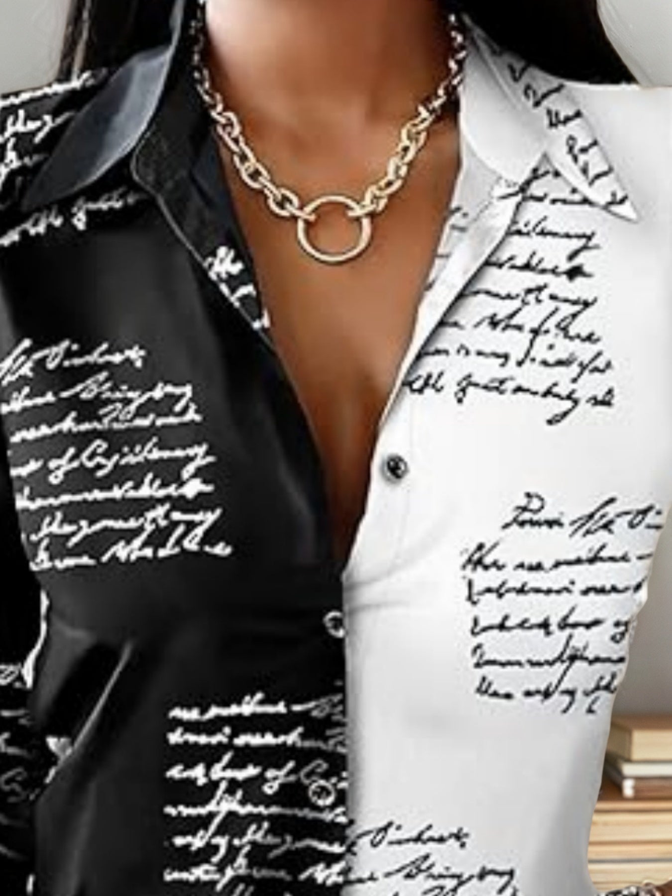 Black and White Script Print Long Sleeve Button-Down Blouse - Image 5