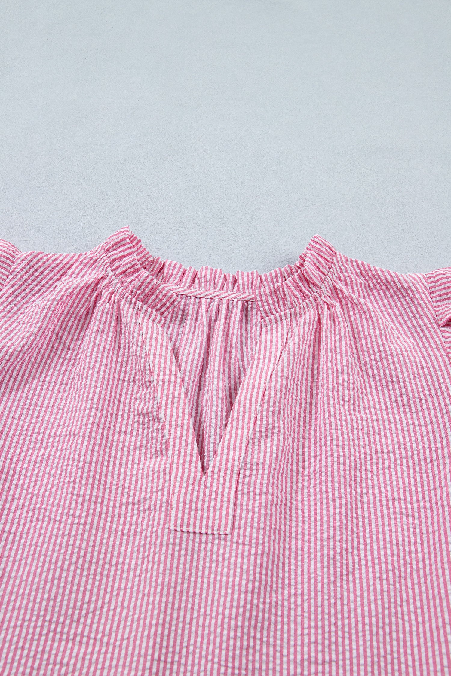 Stripe Short Bubble Sleeve Split V-Neck Blouse