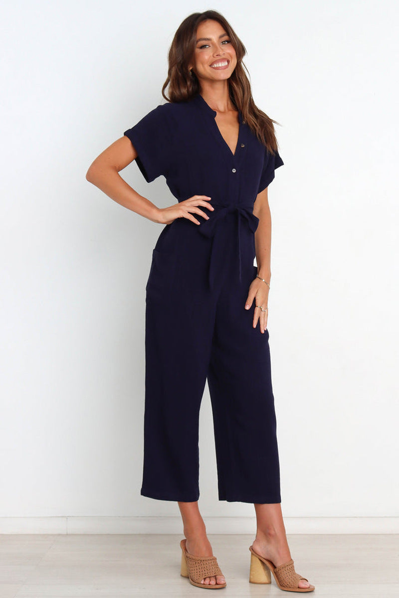 Women's V-Neck Button Front Cropped Wide-Leg Jumpsuit