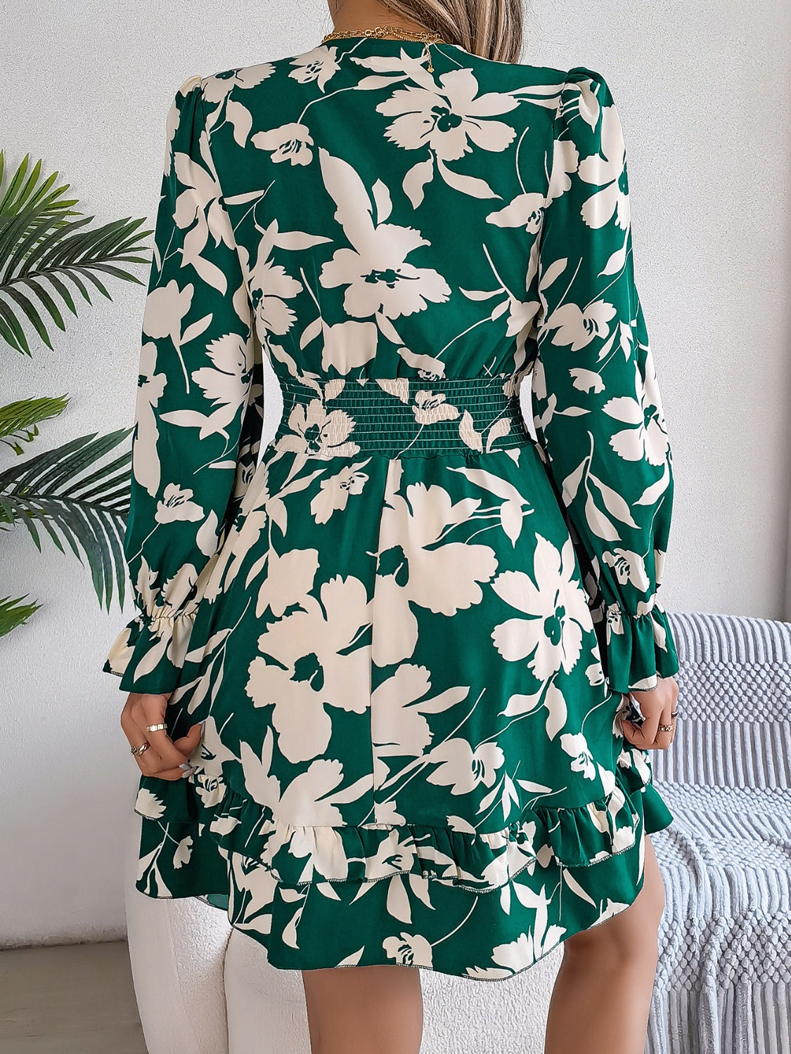 Floral Ruffled Long Sleeve Midi Dress in Lilac Maroon Green Cream