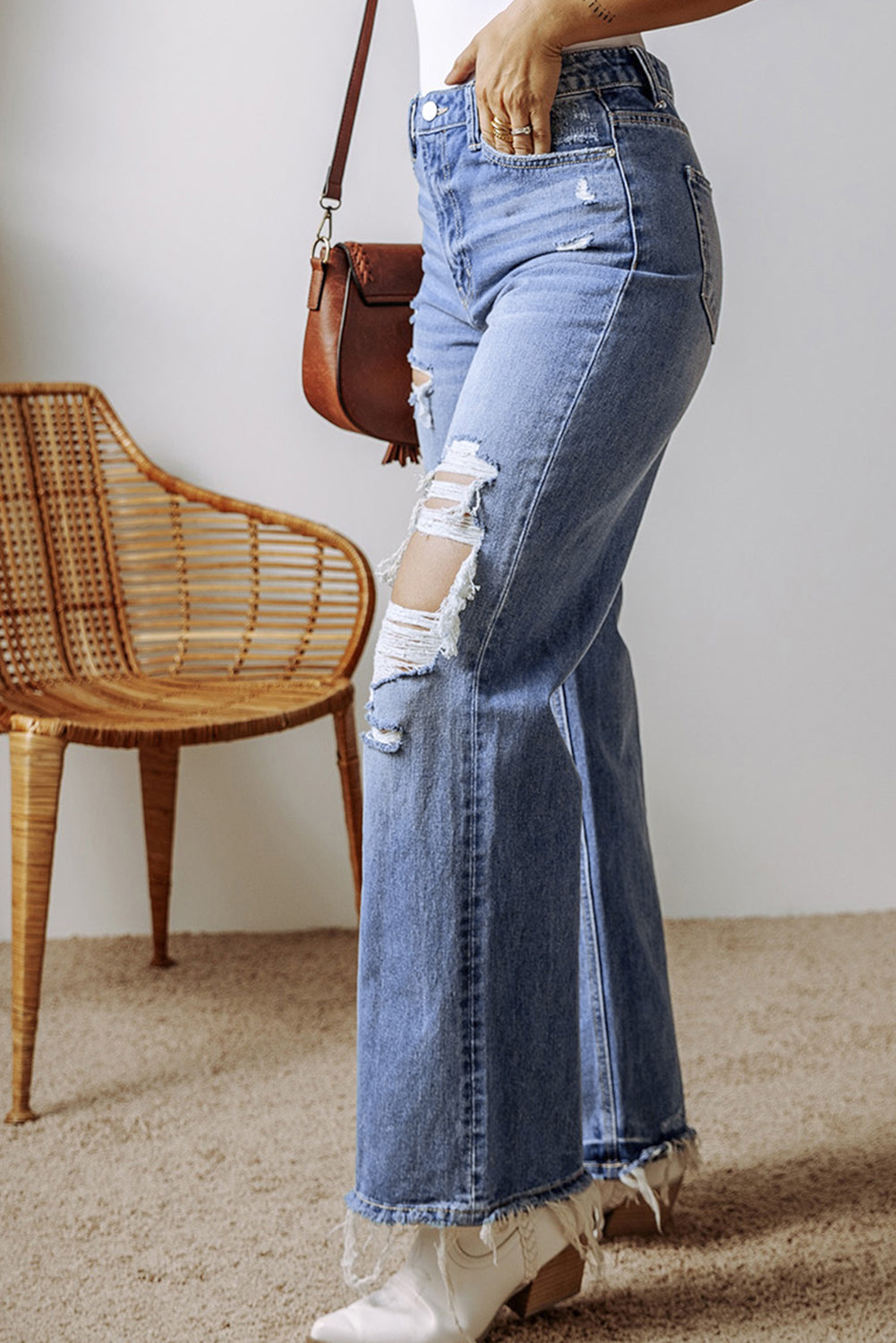 Distressed Straight Leg Jeans with Pockets | Vintage Style