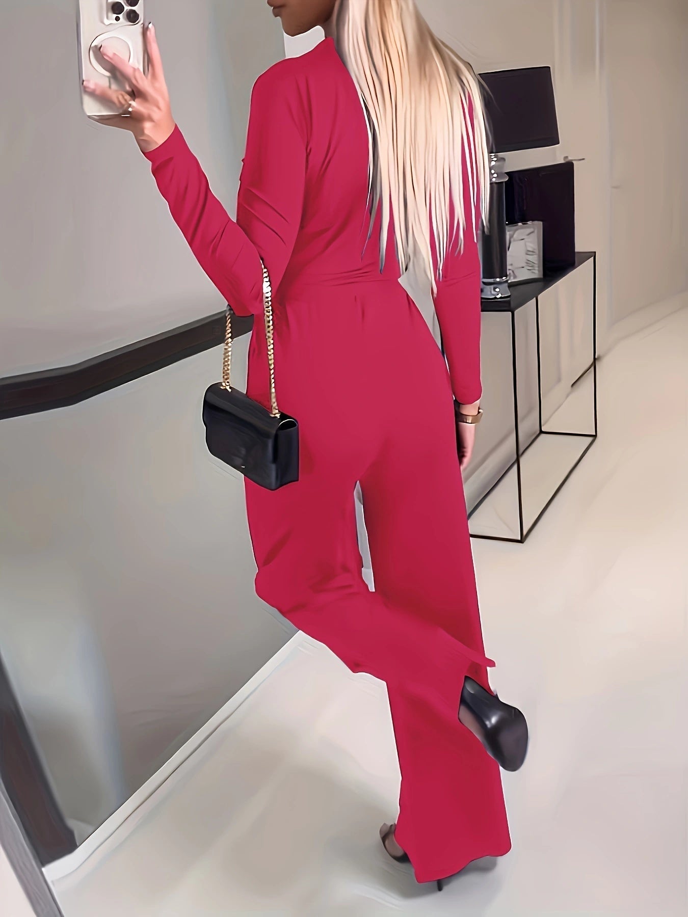 Solid V-Neck Bow Tie Waist Slimming Long Sleeve Jumpsuit - Image 2