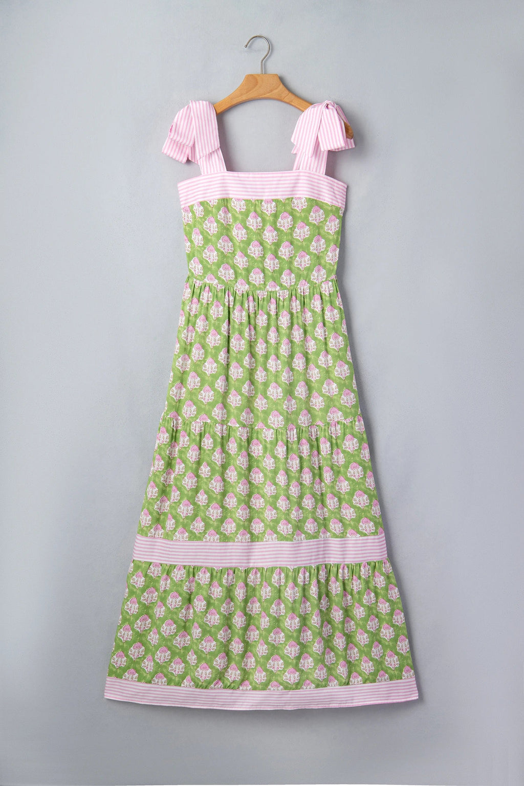 Floral Stripe Patchwork Knot Strap Maxi Dress