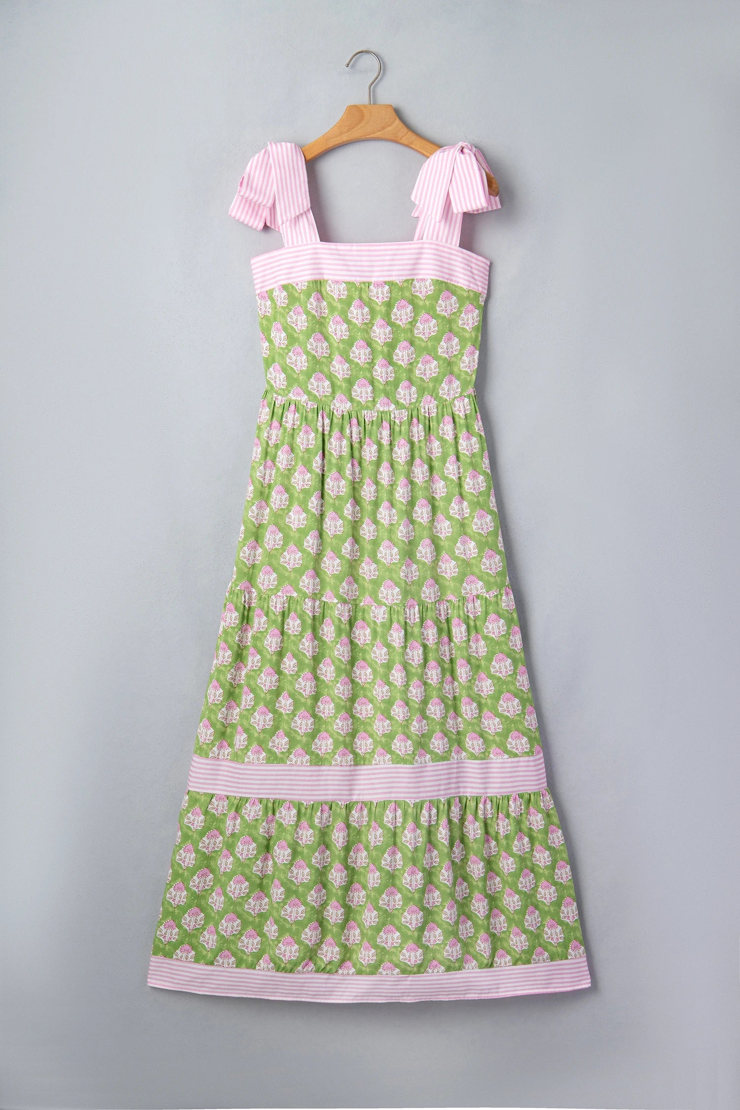 Floral Stripe Patchwork Knot Strap Maxi Dress