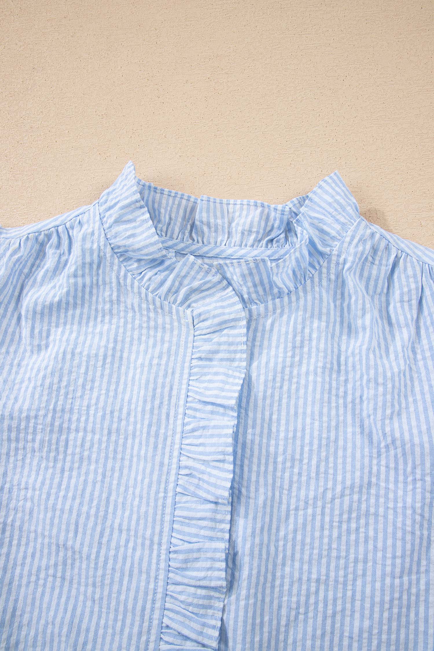 Stripe Floral Embroidered Puff Sleeve Ruffle Trim Shirt