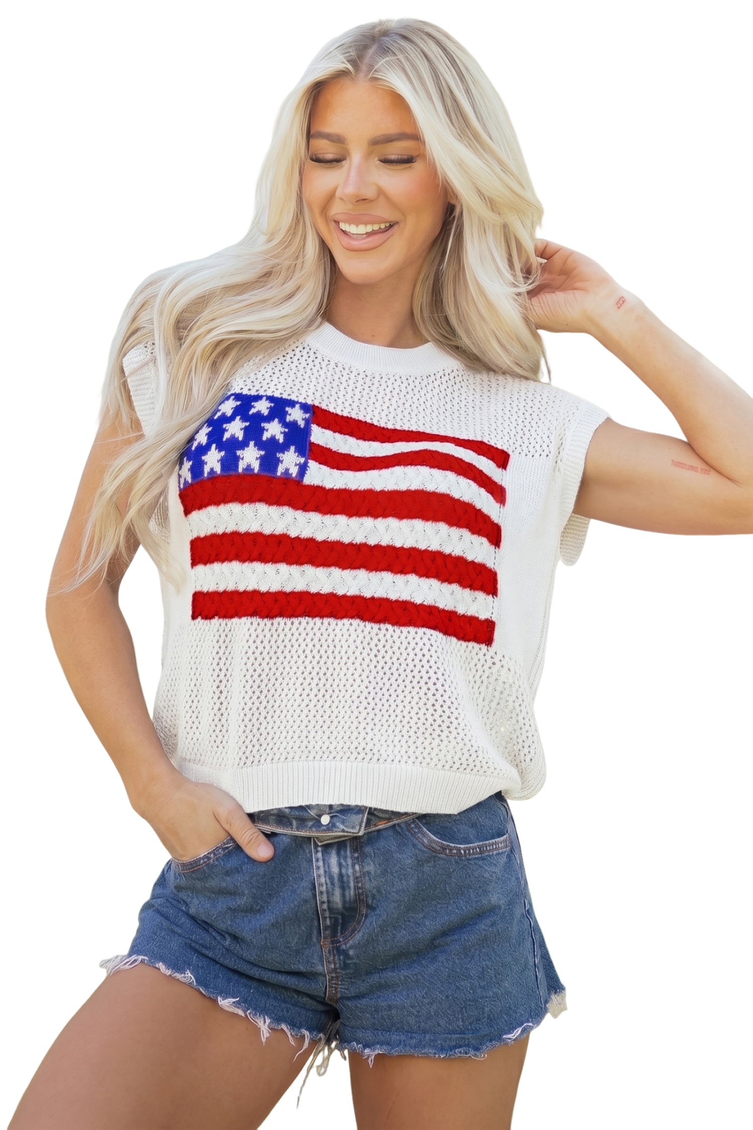 USA Flag Crochet Short Sleeve Sweater Top