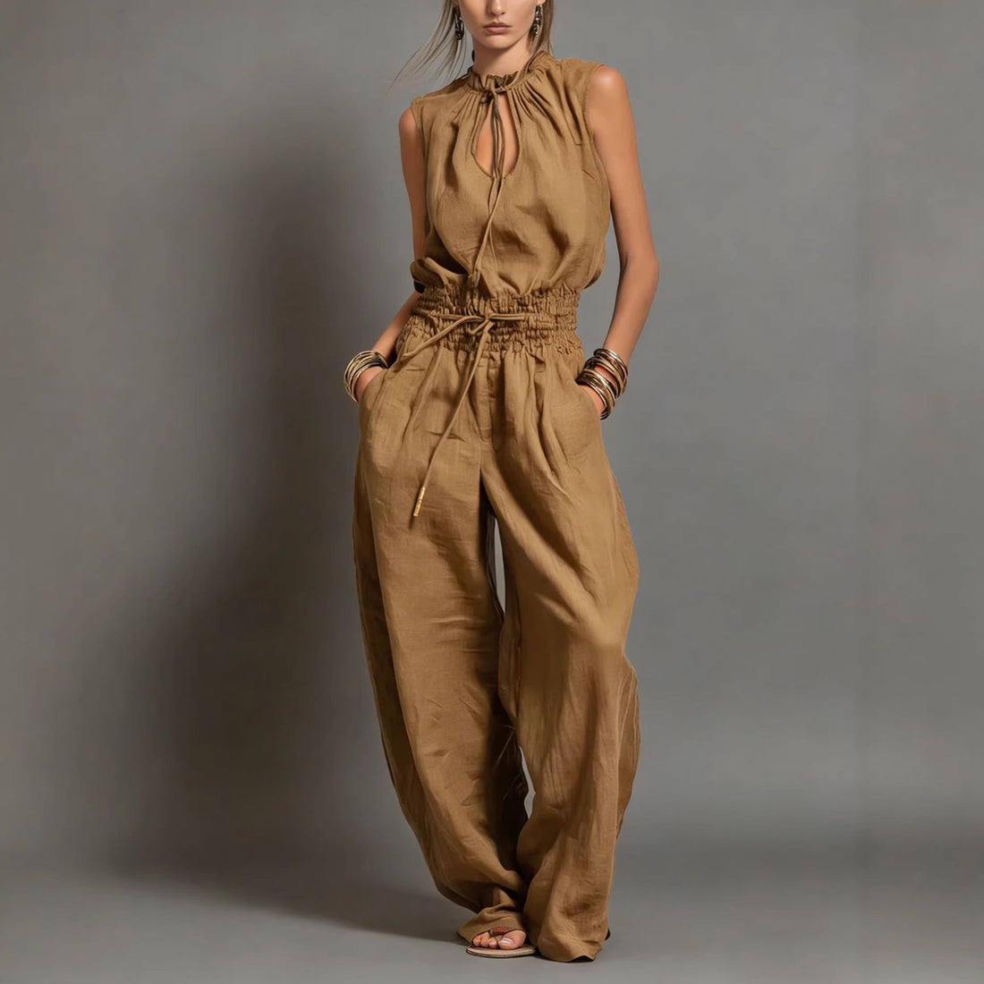 Navy Blue Sleeveless High-Waist Wide-Leg Jumpsuit with Tie-Waist - Image 7