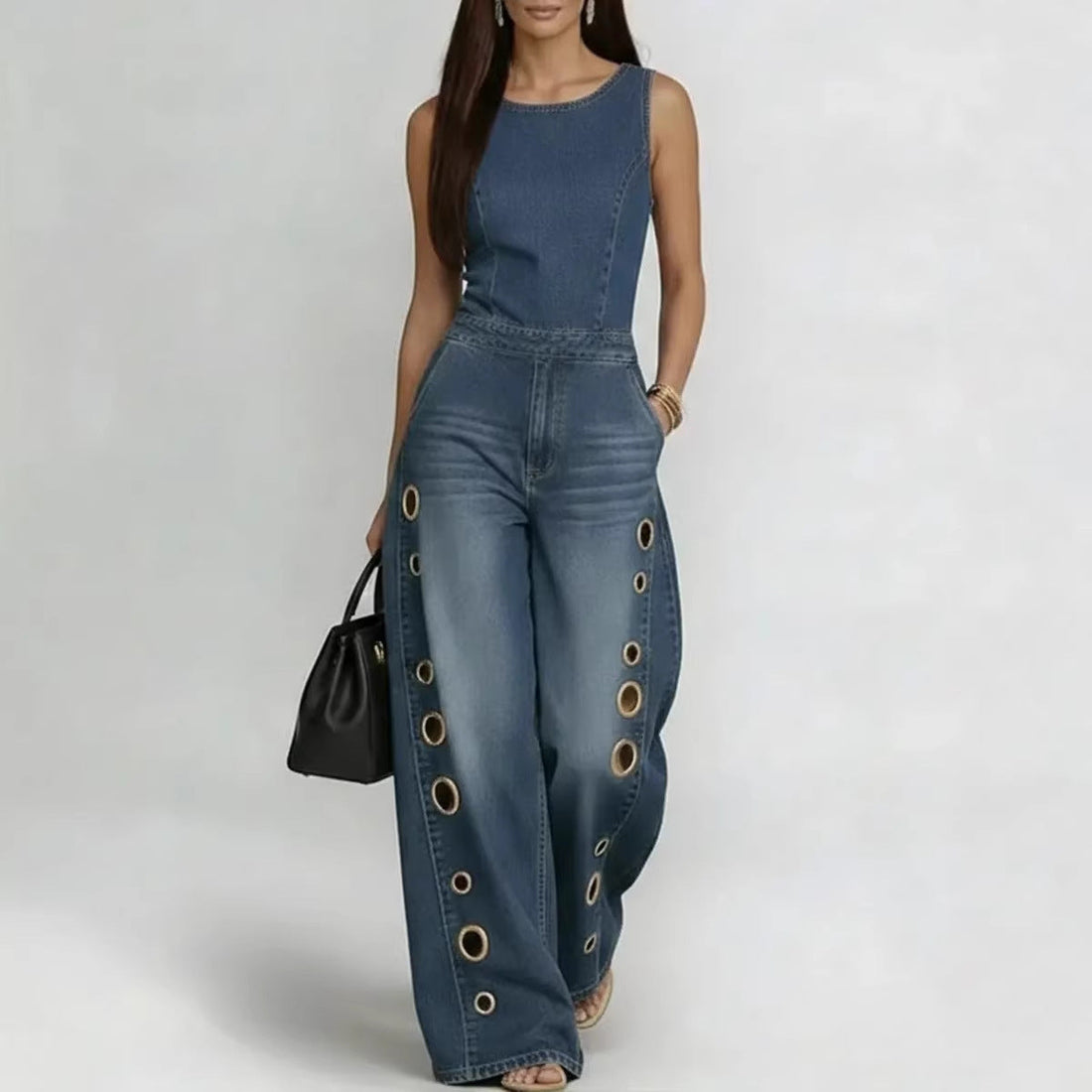 Women’s Sleeveless High-Waisted Denim Jumpsuit with Grommets - Image 4