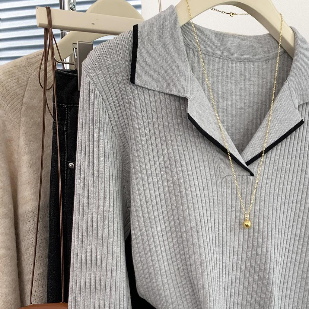 Women's Grey Ribbed Knit Polo Shirt Long Sleeve Slimming Top - Image 4