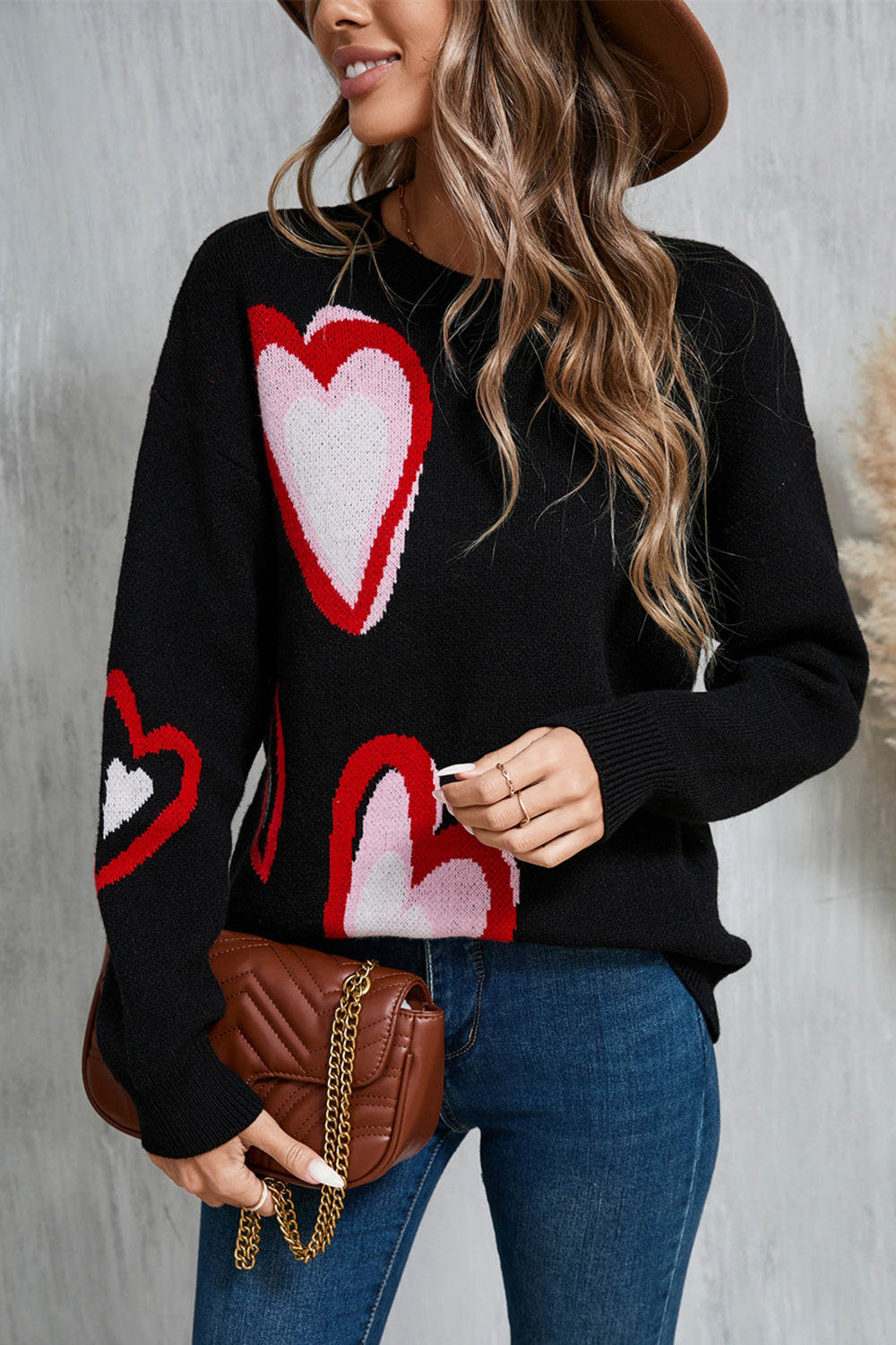 White Pink and Red Heart Print Long Sleeve Crew Neck Sweater - Image 7