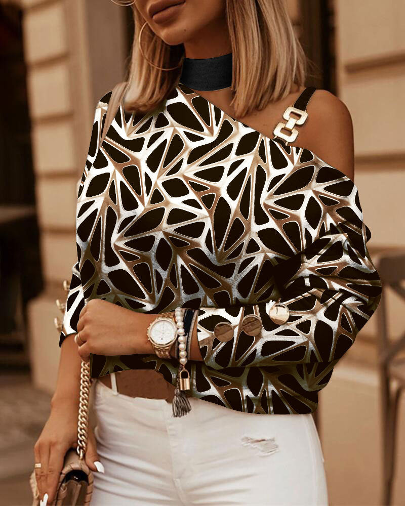 Women's Color-Block Cold-Shoulder Zip-Front Blouse