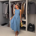 Women's High Waisted Blue Denim Maxi Skirt with Lace Up Detail