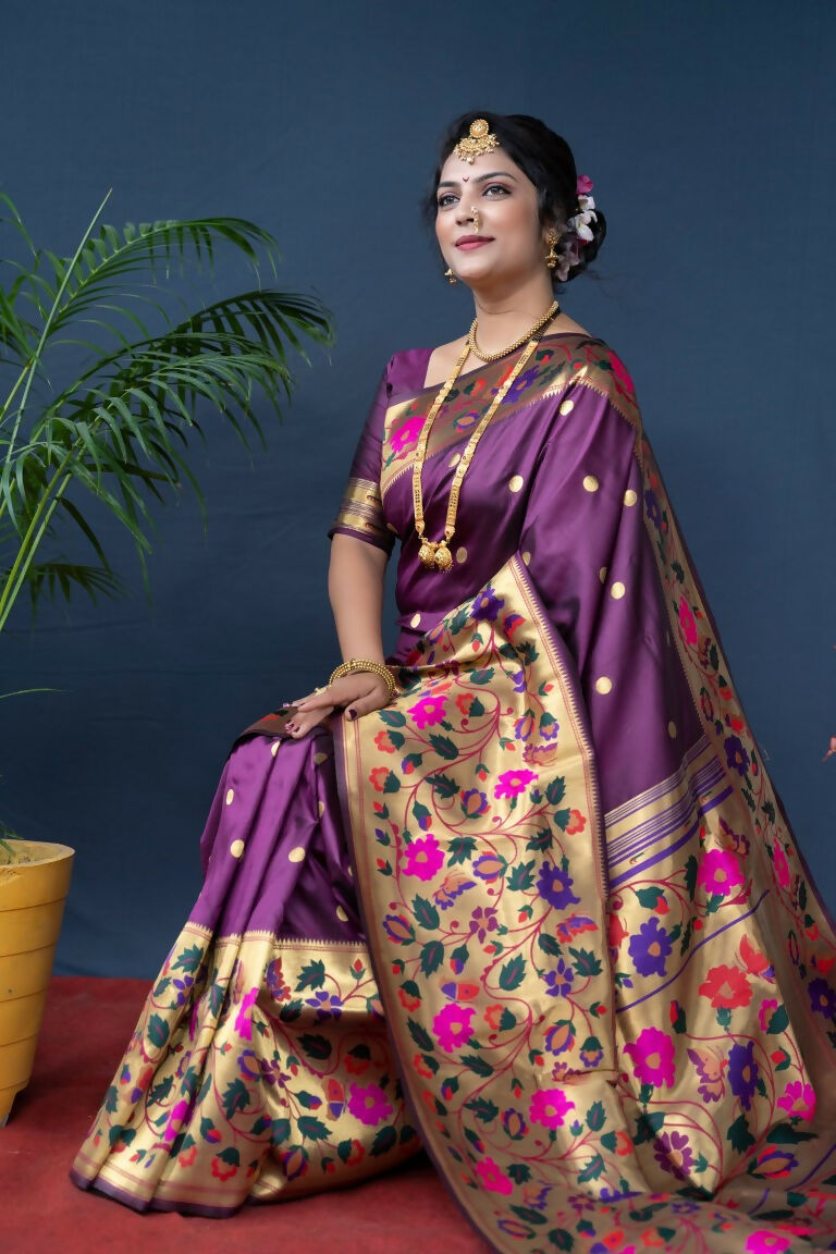Women's Wine Paithani Silk Saree with Zari Woven Border & Blouse