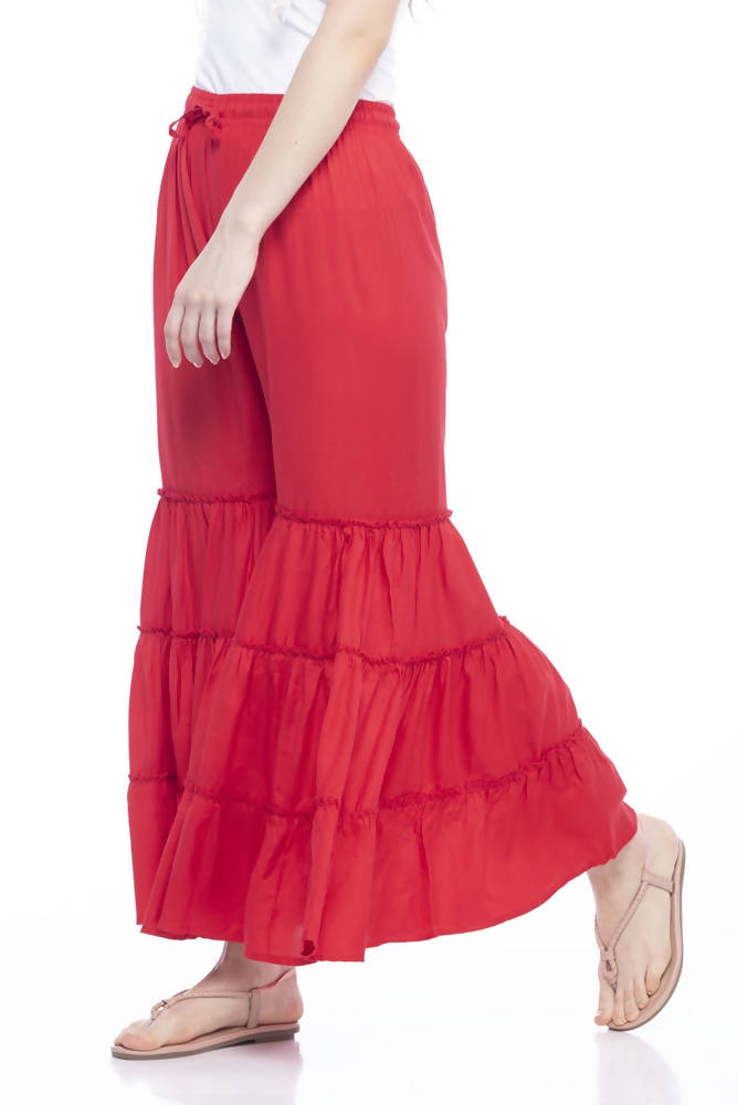 Women's Red Rayon Cotton Solid Palazzo Pants - Breathable Fit