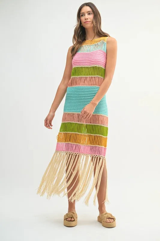 Multi Color Fringed Crochet Knit Mini Dress