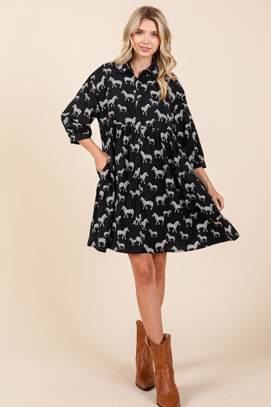 Zebra Print Button Down Shirt Mini Dress