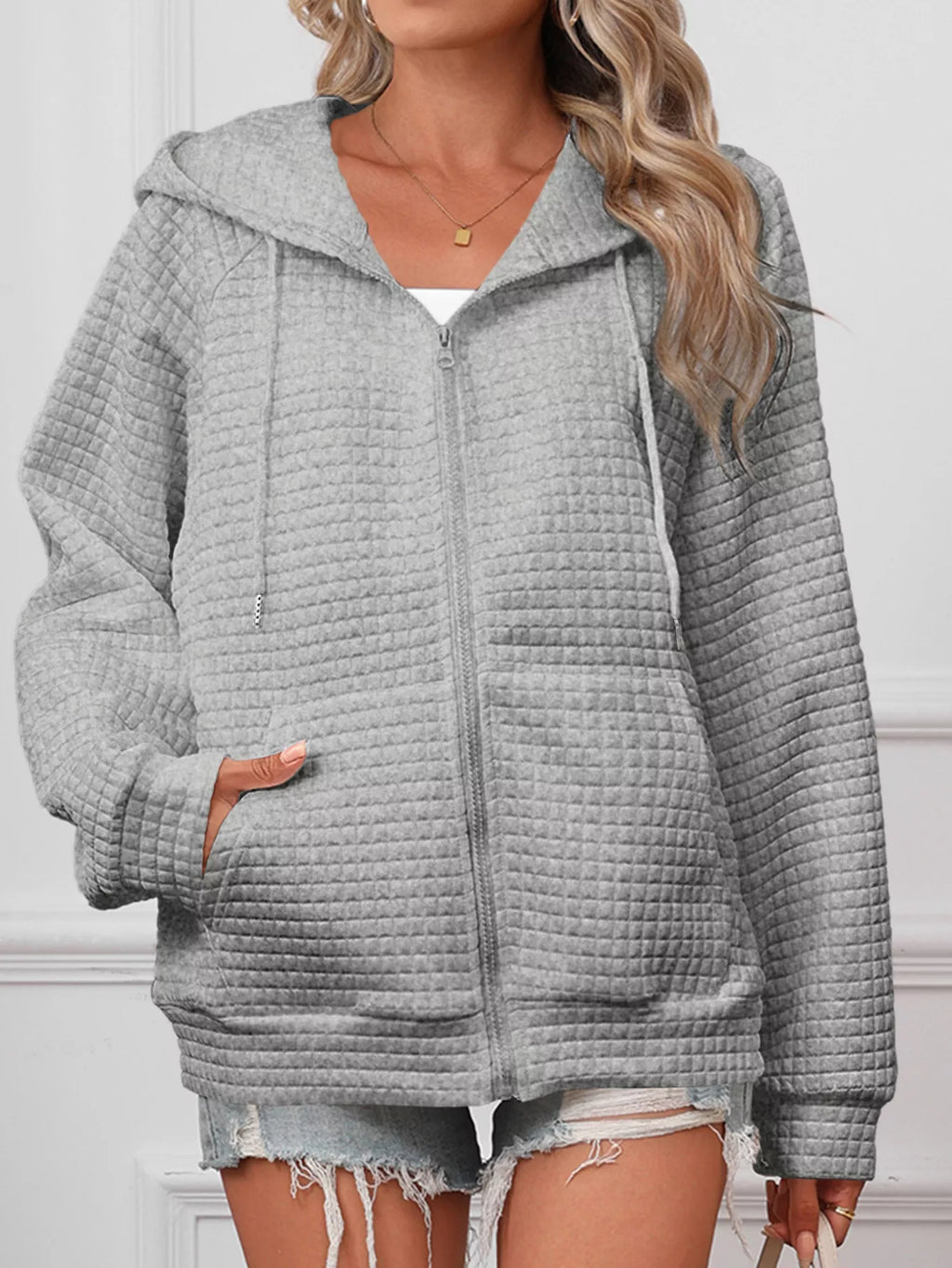 Full Size Textured Quilted Zip-Up Hooded Jacket Plus Size