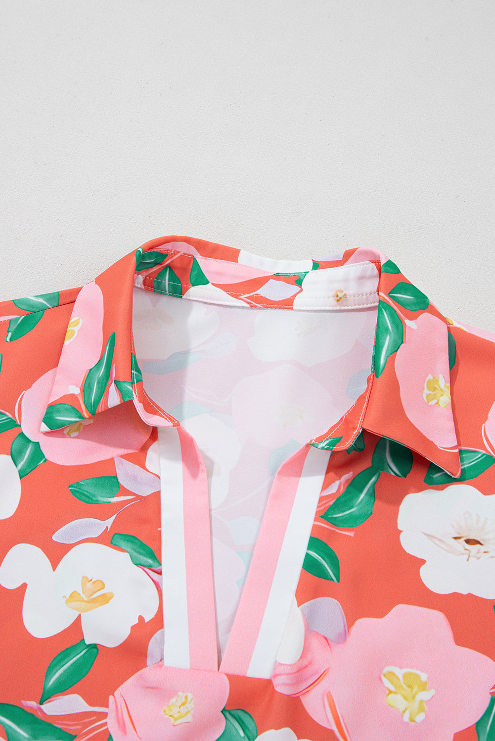 Salmon Floral Print Puff Sleeve Dress with Pop of Color Neckline