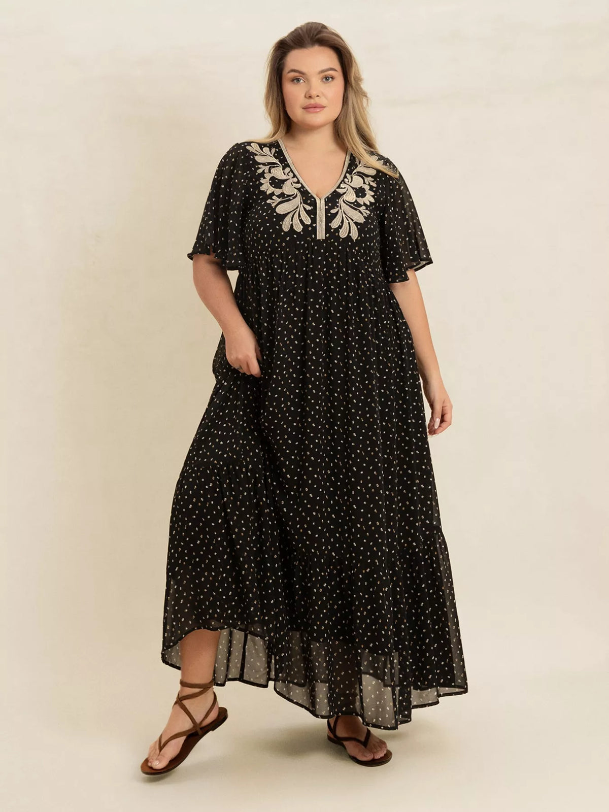 Plus Size Printed V-Neck Flutter Sleeve Maxi Dress