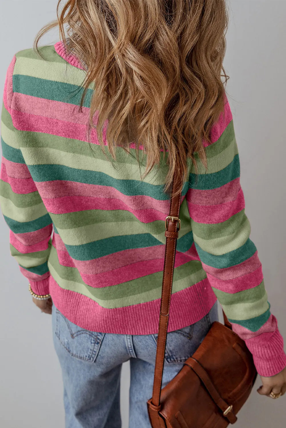 Women's Striped Round Neck Long Sleeve Knit Sweater Multicolor - Image 3