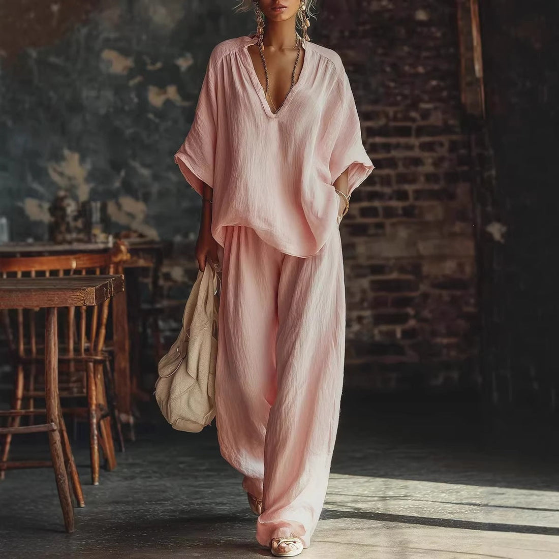 V-Neck Short Sleeve Top and Wide Leg Pants Two-Piece Set - Image 7